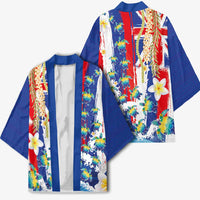Hawaiian Sea Turtles and Plumeria Kimono with Lei and Flag Grunge Style