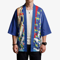 Hawaiian Sea Turtles and Plumeria Kimono with Lei and Flag Grunge Style
