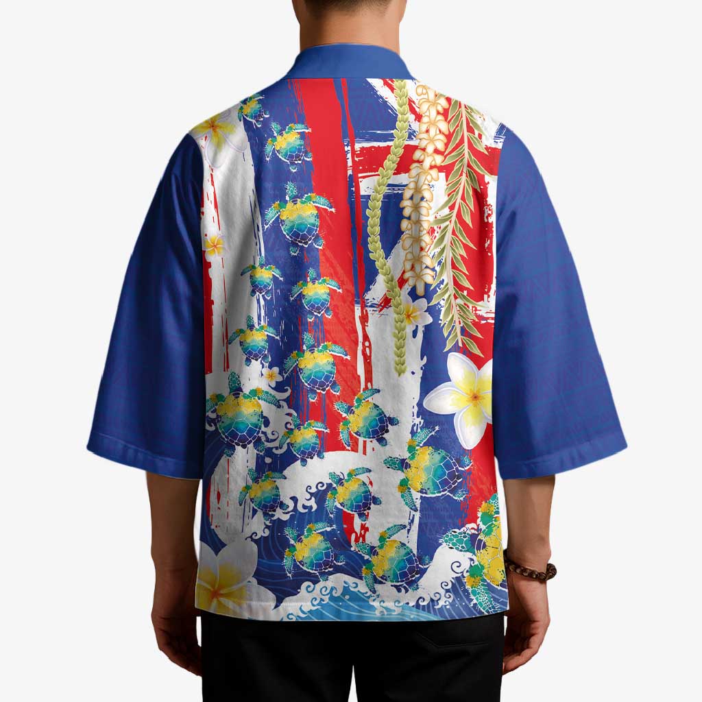 Hawaiian Sea Turtles and Plumeria Kimono with Lei and Flag Grunge Style