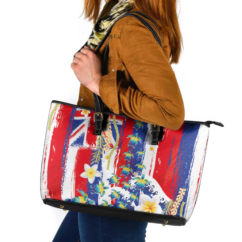 Hawaiian Sea Turtles and Plumeria Leather Tote Bag with Lei and Flag Grunge Style