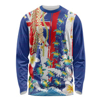 Hawaiian Sea Turtles and Plumeria Long Sleeve Shirt with Lei and Flag Grunge Style