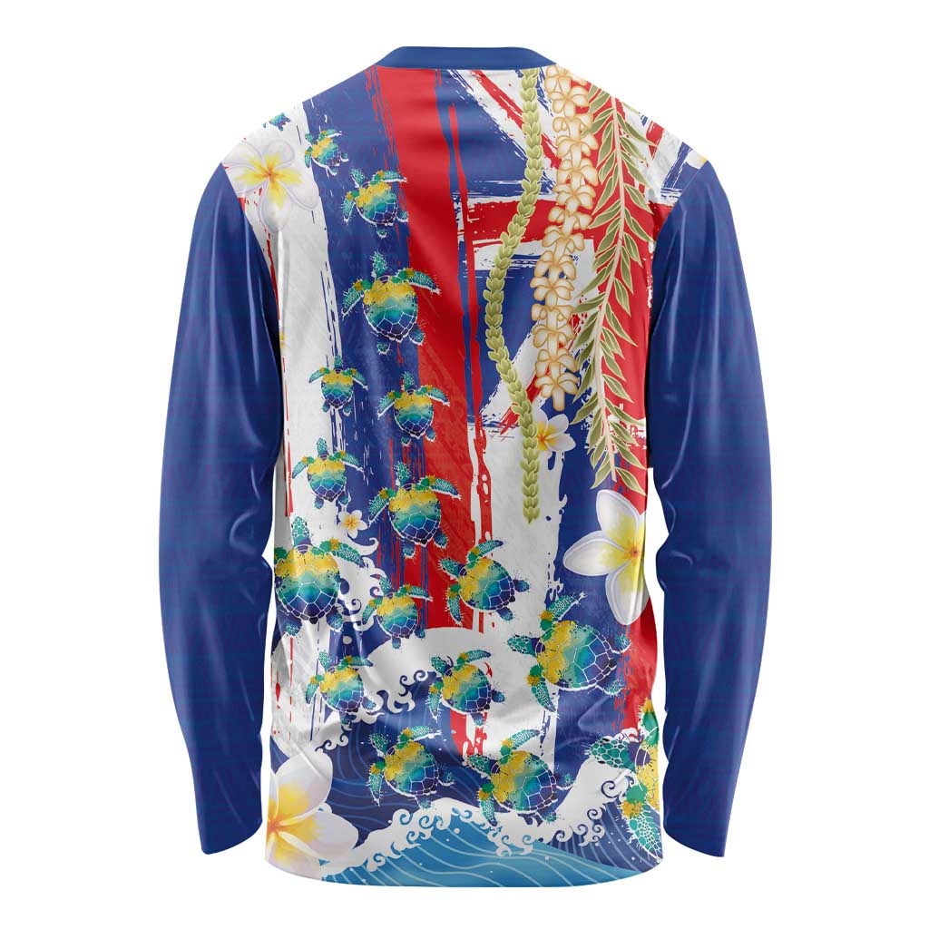 Hawaiian Sea Turtles and Plumeria Long Sleeve Shirt with Lei and Flag Grunge Style