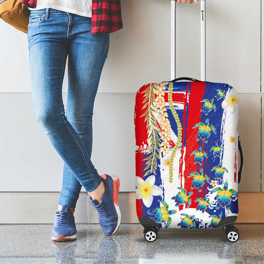 Hawaiian Sea Turtles and Plumeria Luggage Cover with Lei and Flag Grunge Style LT03 - Polynesian Pride