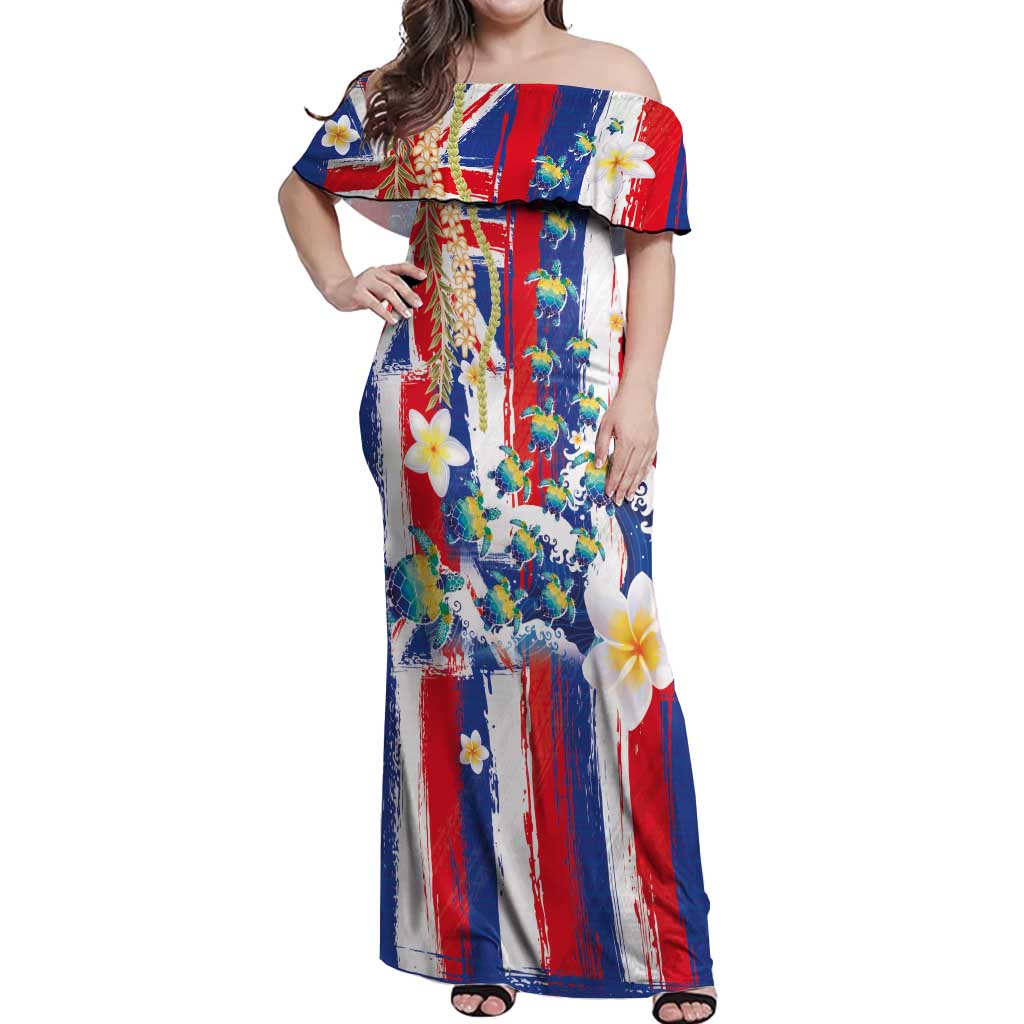 Hawaiian Sea Turtles and Plumeria Off Shoulder Maxi Dress with Lei and Flag Grunge Style LT03 Women Multicolor - Polynesian Pride
