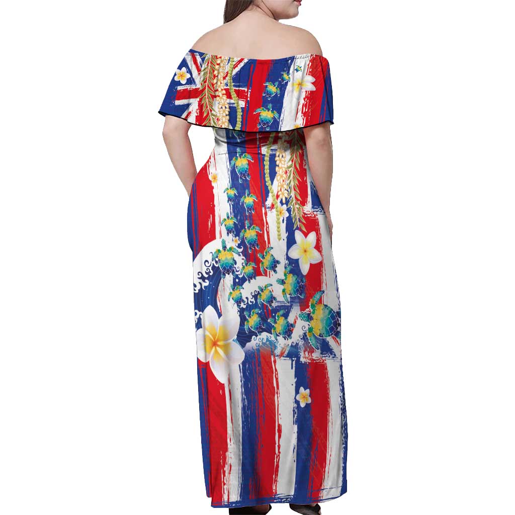 Hawaiian Sea Turtles and Plumeria Off Shoulder Maxi Dress with Lei and Flag Grunge Style LT03 - Polynesian Pride