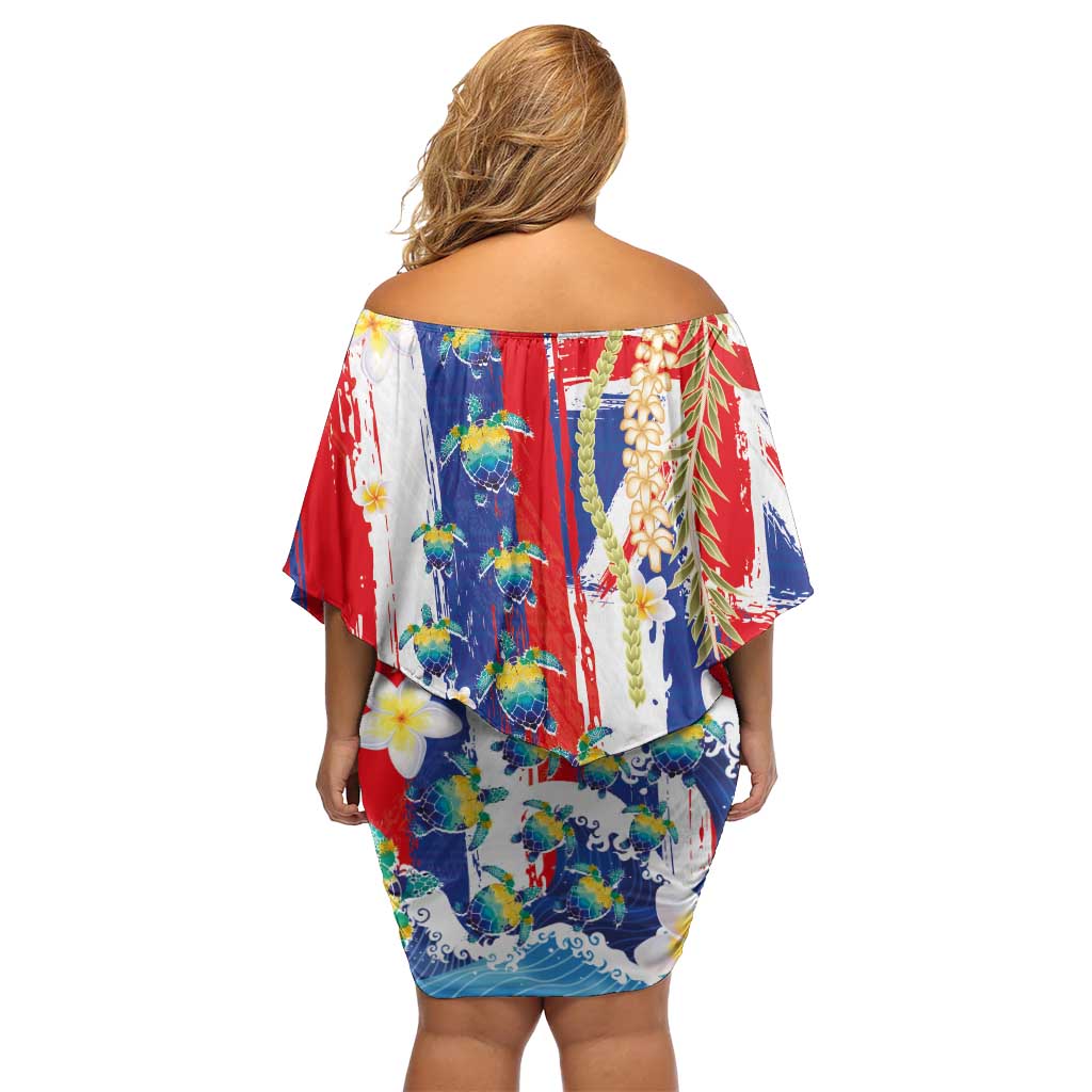 Hawaiian Sea Turtles and Plumeria Off Shoulder Short Dress with Lei and Flag Grunge Style LT03 - Polynesian Pride