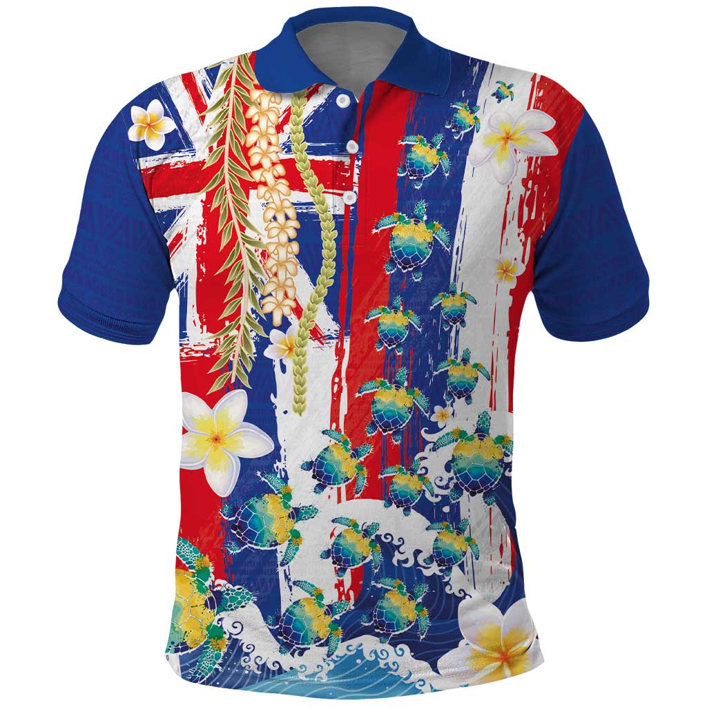 Hawaiian Sea Turtles and Plumeria Polo Shirt with Lei and Flag Grunge Style LT03 Multicolor - Polynesian Pride