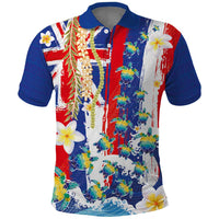 Hawaiian Sea Turtles and Plumeria Polo Shirt with Lei and Flag Grunge Style LT03 Multicolor - Polynesian Pride