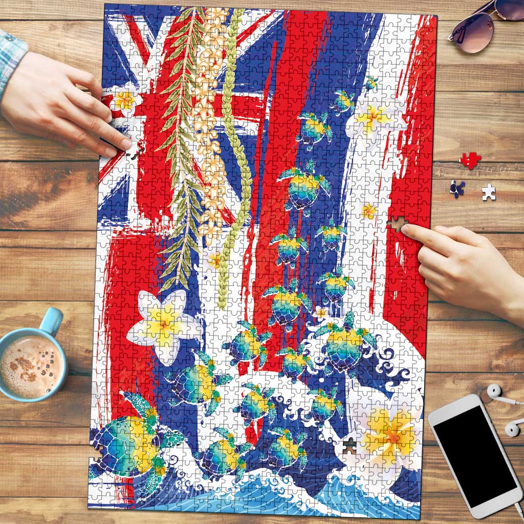 Hawaiian Sea Turtles and Plumeria Puzzle with Lei and Flag Grunge Style