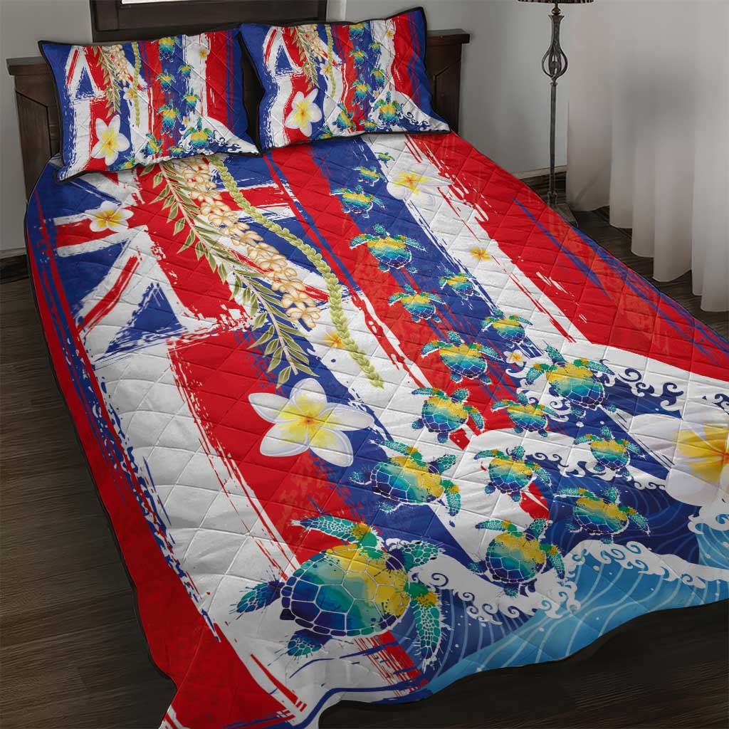 Hawaiian Sea Turtles and Plumeria Quilt Bed Set with Lei and Flag Grunge Style