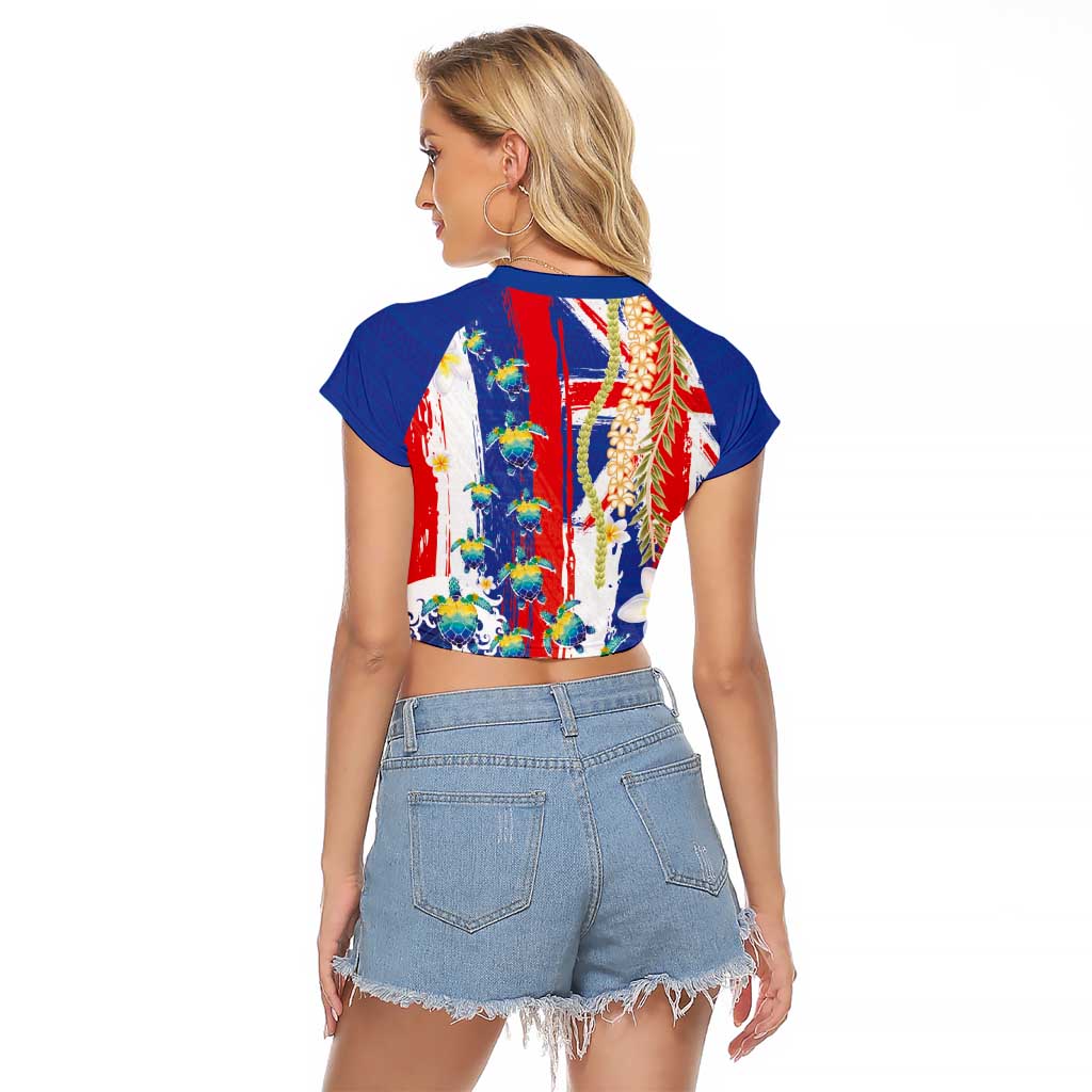 Hawaiian Sea Turtles and Plumeria Raglan Cropped T Shirt with Lei and Flag Grunge Style LT03 - Polynesian Pride
