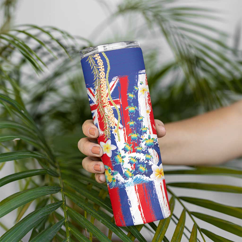 Hawaiian Sea Turtles and Plumeria Skinny Tumbler with Lei and Flag Grunge Style
