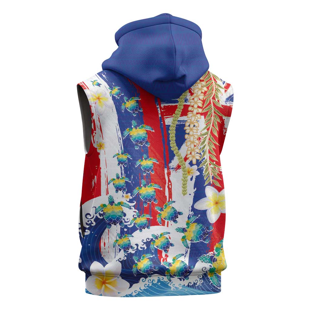 Hawaiian Sea Turtles and Plumeria Sleeveless Zip Hoodie with Lei and Flag Grunge Style LT03 - Polynesian Pride