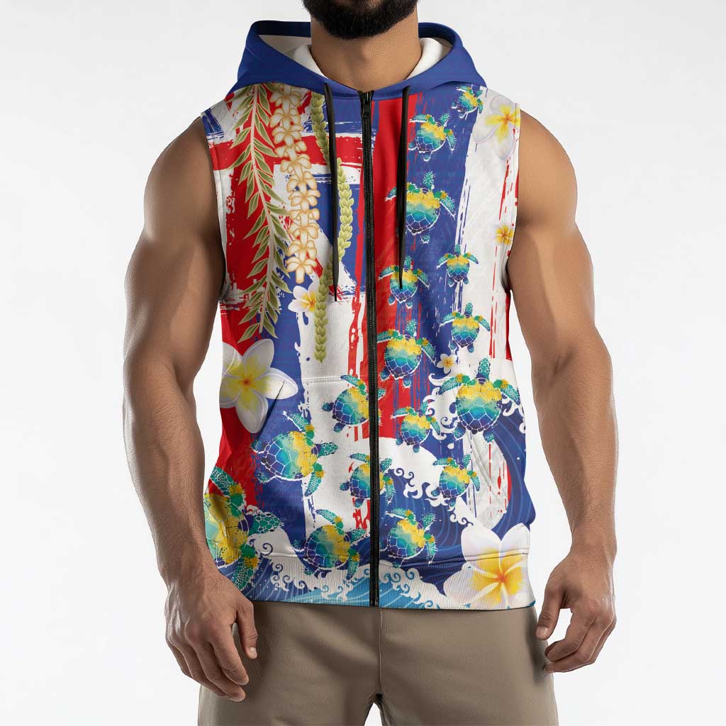 Hawaiian Sea Turtles and Plumeria Sleeveless Zip Hoodie with Lei and Flag Grunge Style LT03 - Polynesian Pride