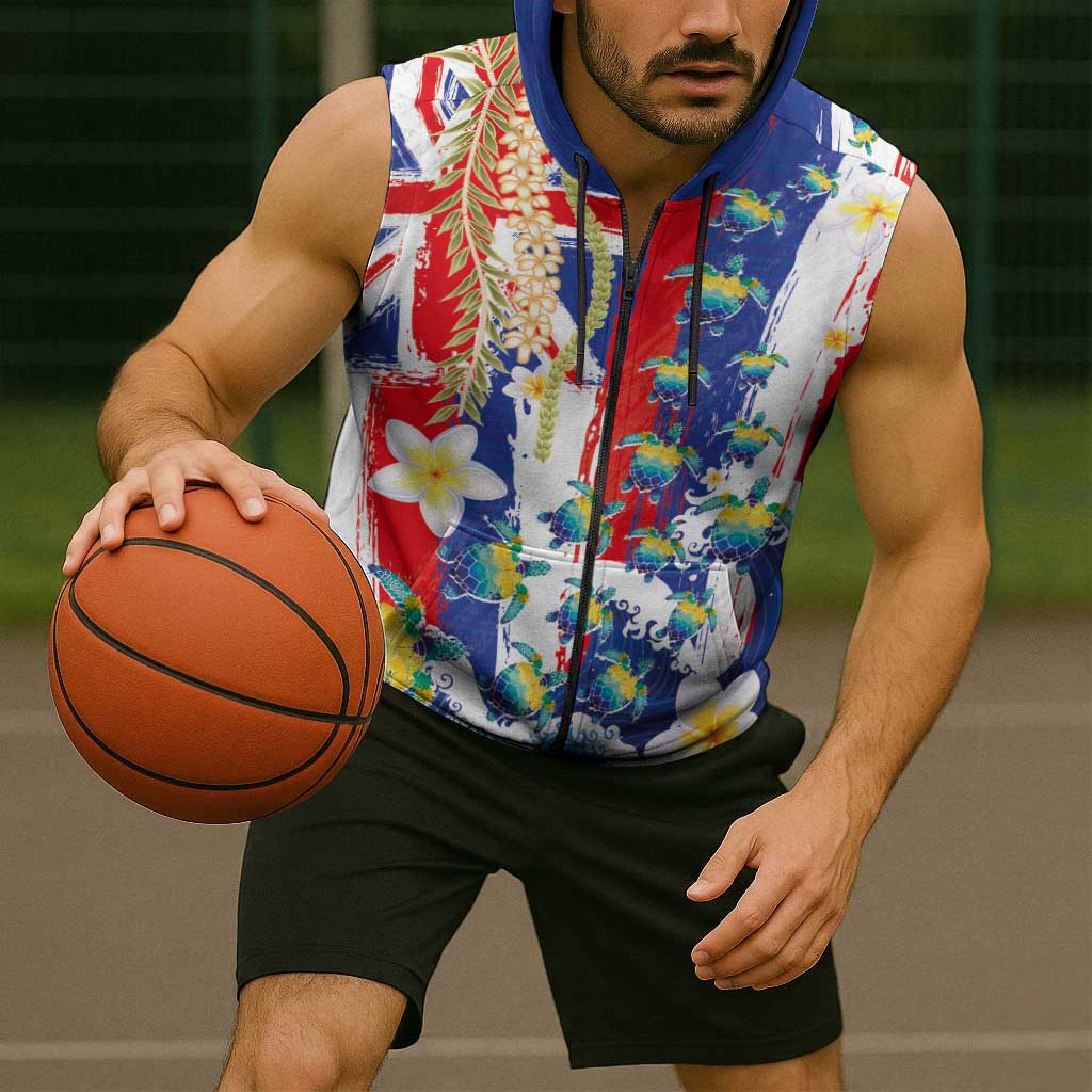 Hawaiian Sea Turtles and Plumeria Sleeveless Zip Hoodie with Lei and Flag Grunge Style LT03 - Polynesian Pride