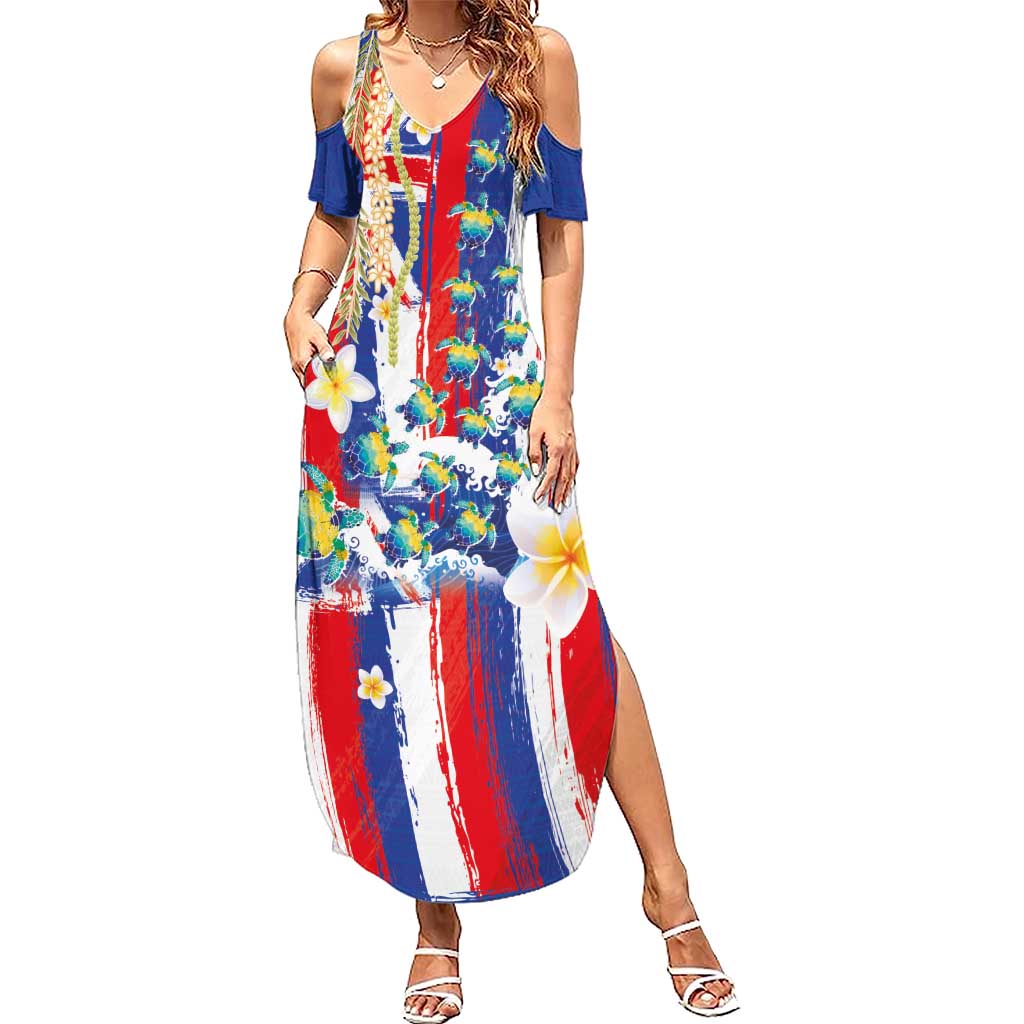 Hawaiian Sea Turtles and Plumeria Summer Maxi Dress with Lei and Flag Grunge Style LT03 Women Multicolor - Polynesian Pride