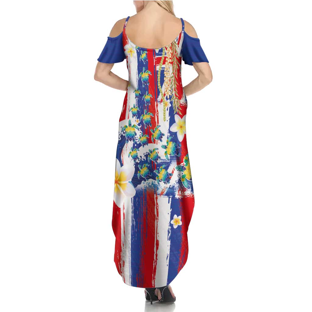 Hawaiian Sea Turtles and Plumeria Summer Maxi Dress with Lei and Flag Grunge Style LT03 - Polynesian Pride