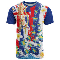 Hawaiian Sea Turtles and Plumeria T Shirt with Lei and Flag Grunge Style