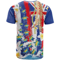 Hawaiian Sea Turtles and Plumeria T Shirt with Lei and Flag Grunge Style