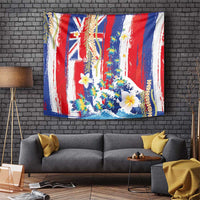 Hawaiian Sea Turtles and Plumeria Tapestry with Lei and Flag Grunge Style