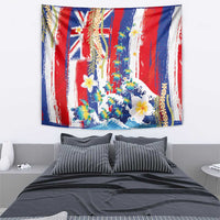 Hawaiian Sea Turtles and Plumeria Tapestry with Lei and Flag Grunge Style