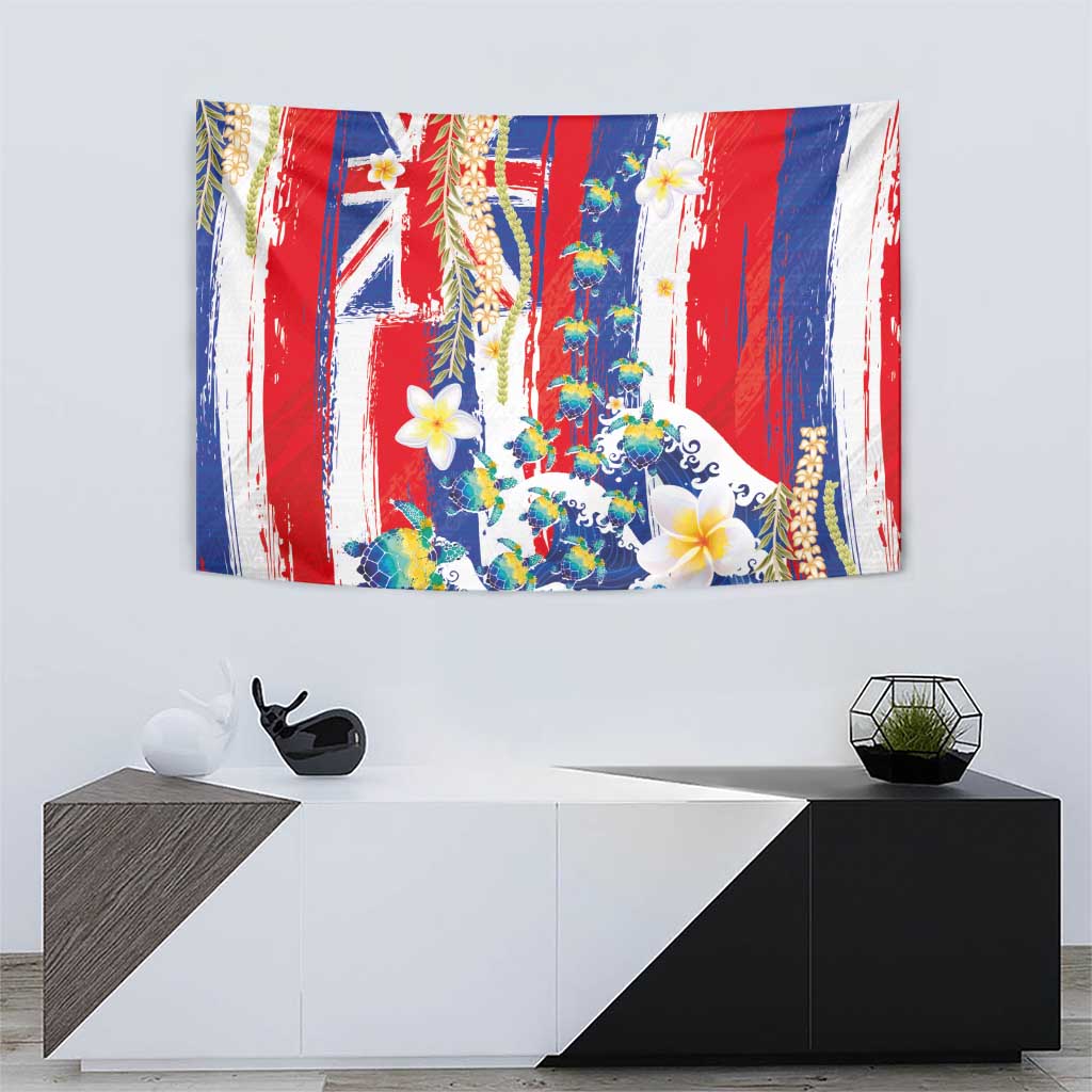 Hawaiian Sea Turtles and Plumeria Tapestry with Lei and Flag Grunge Style