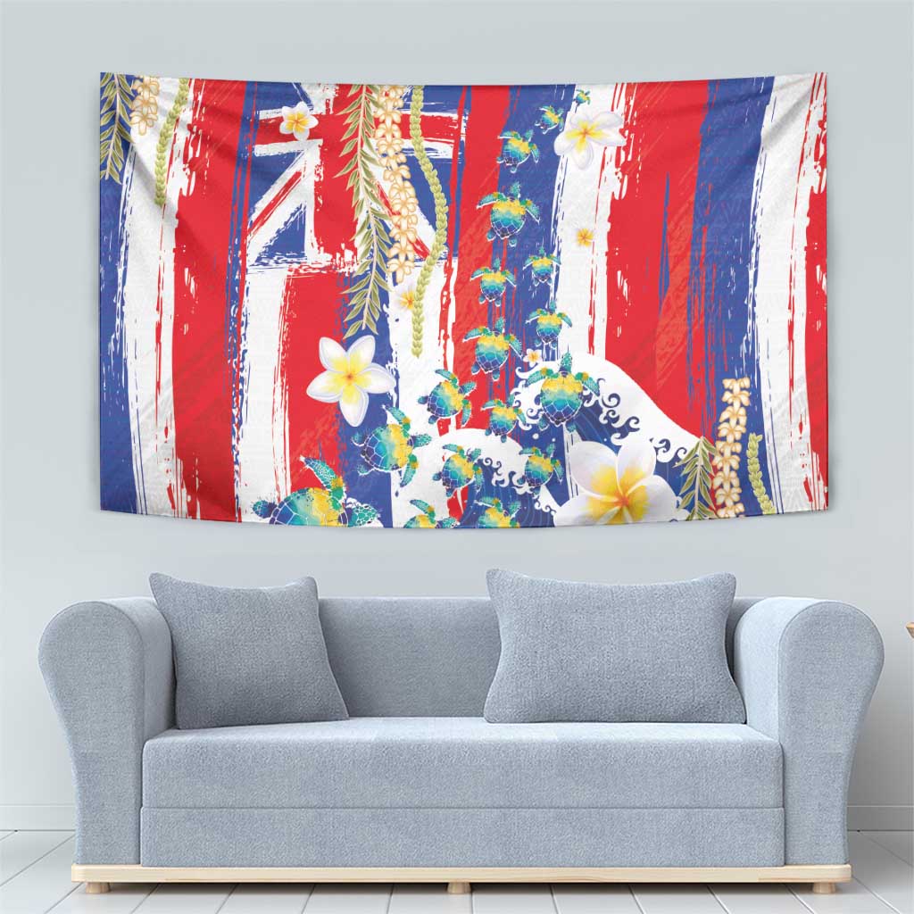 Hawaiian Sea Turtles and Plumeria Tapestry with Lei and Flag Grunge Style