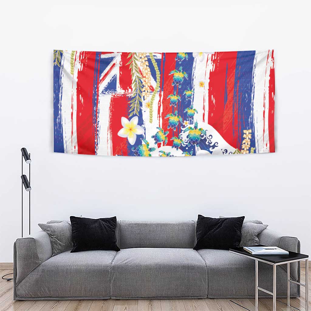 Hawaiian Sea Turtles and Plumeria Tapestry with Lei and Flag Grunge Style