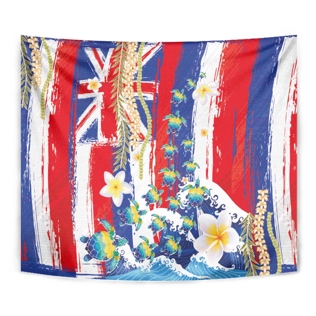 Hawaiian Sea Turtles and Plumeria Tapestry with Lei and Flag Grunge Style