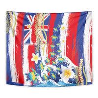Hawaiian Sea Turtles and Plumeria Tapestry with Lei and Flag Grunge Style