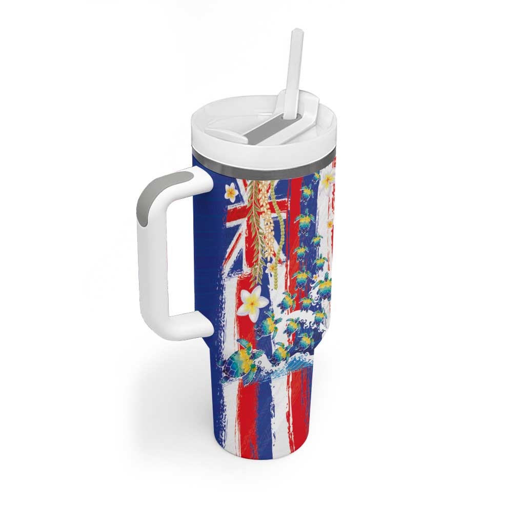 Hawaiian Sea Turtles and Plumeria Tumbler With Handle with Lei and Flag Grunge Style
