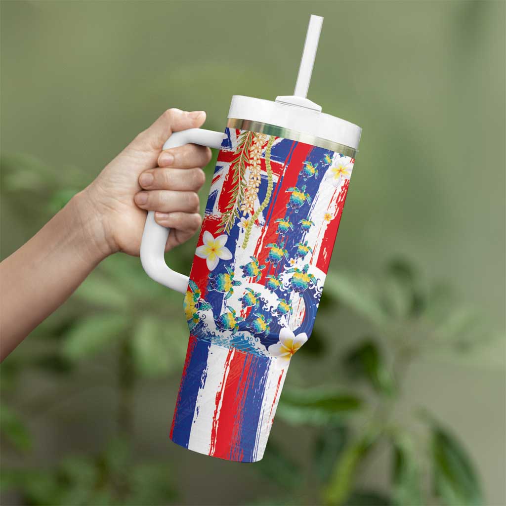 Hawaiian Sea Turtles and Plumeria Tumbler With Handle with Lei and Flag Grunge Style