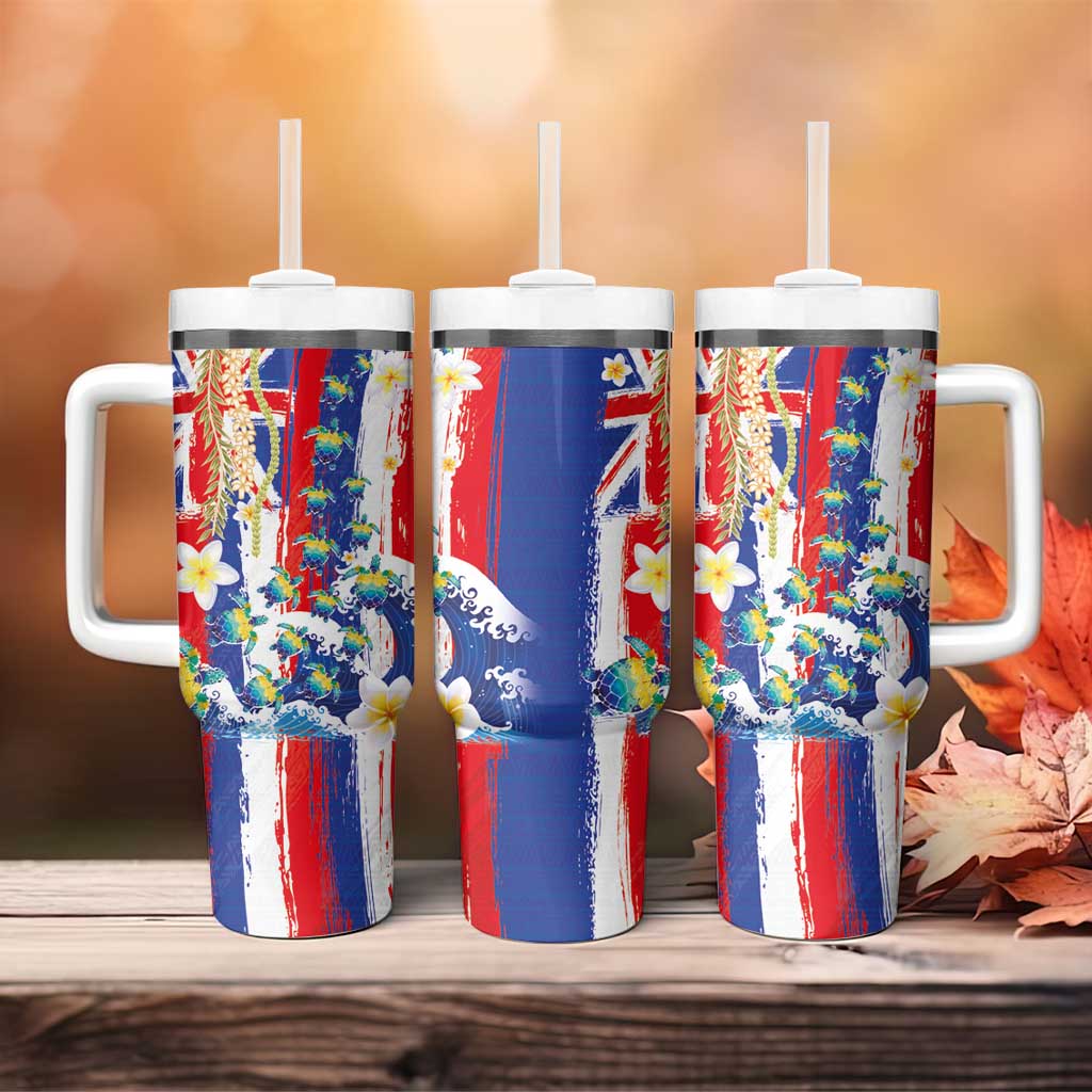 Hawaiian Sea Turtles and Plumeria Tumbler With Handle with Lei and Flag Grunge Style