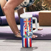 Hawaiian Sea Turtles and Plumeria Tumbler With Handle with Lei and Flag Grunge Style