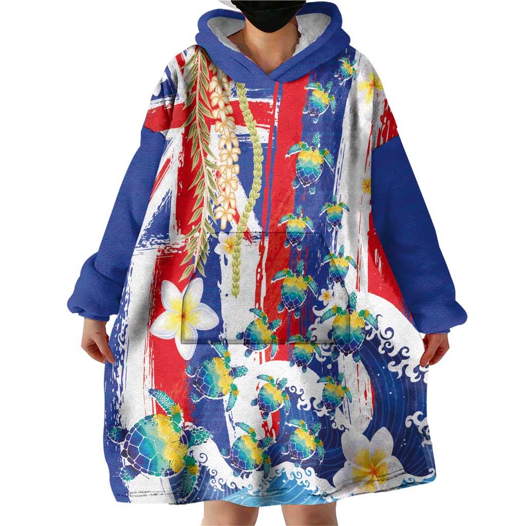 Hawaiian Sea Turtles and Plumeria Wearable Blanket Hoodie with Lei and Flag Grunge Style