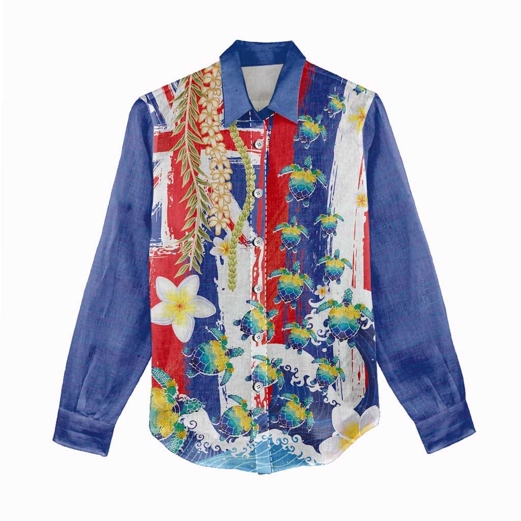 Hawaiian Sea Turtles and Plumeria Women Casual Shirt with Lei and Flag Grunge Style
