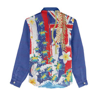 Hawaiian Sea Turtles and Plumeria Women Casual Shirt with Lei and Flag Grunge Style