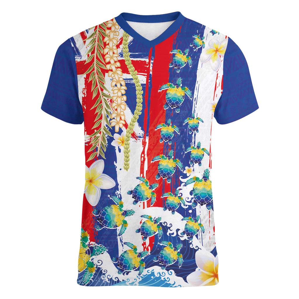 Hawaiian Sea Turtles and Plumeria Women V-Neck T-Shirt with Lei and Flag Grunge Style