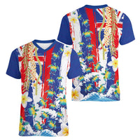 Hawaiian Sea Turtles and Plumeria Women V-Neck T-Shirt with Lei and Flag Grunge Style