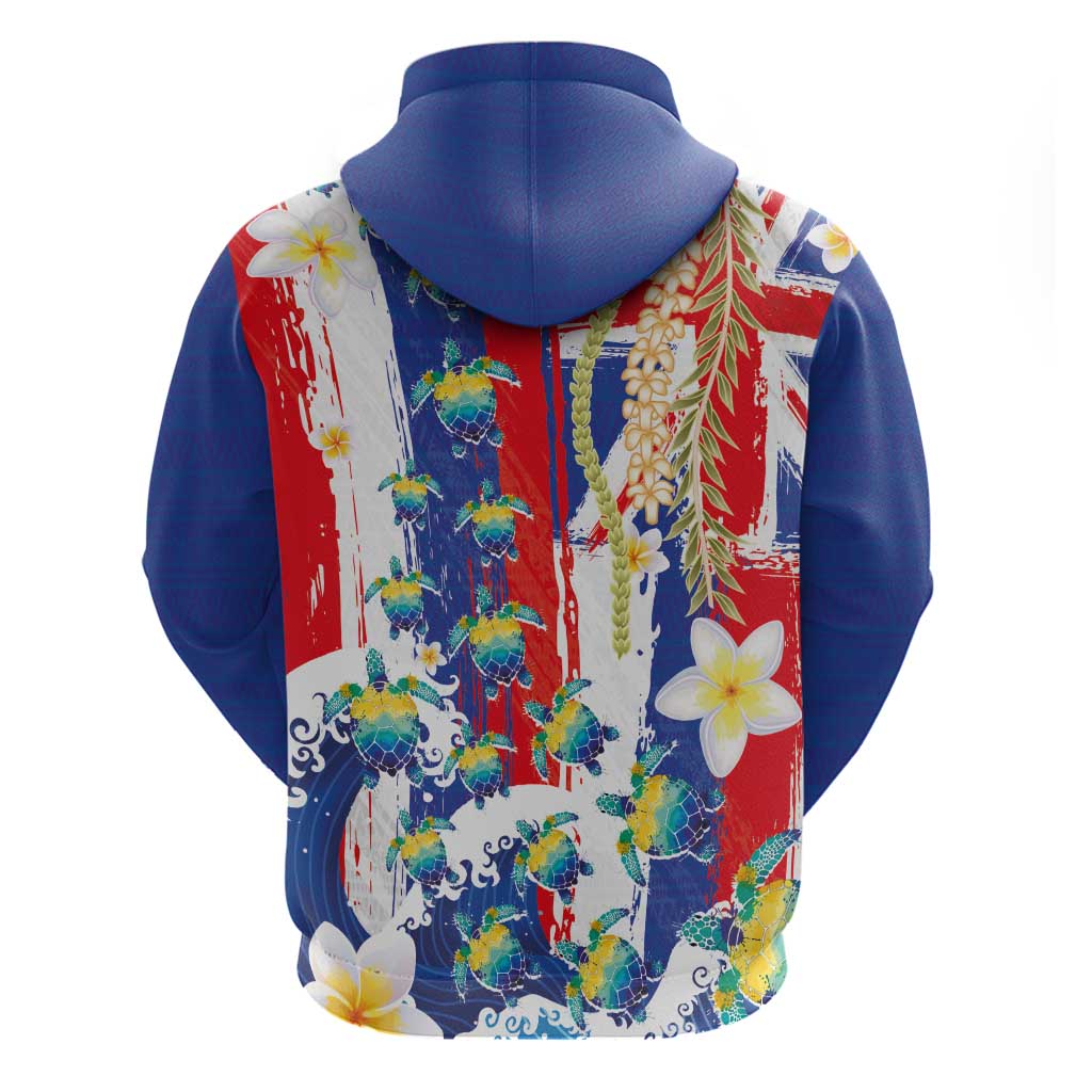Hawaiian Sea Turtles and Plumeria Zip Hoodie with Lei and Flag Grunge Style