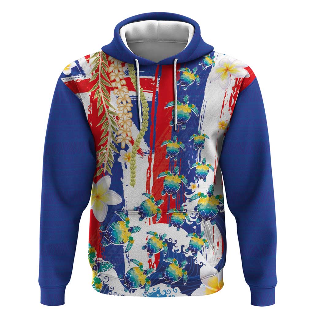 Hawaiian Sea Turtles and Plumeria Zip Hoodie with Lei and Flag Grunge Style