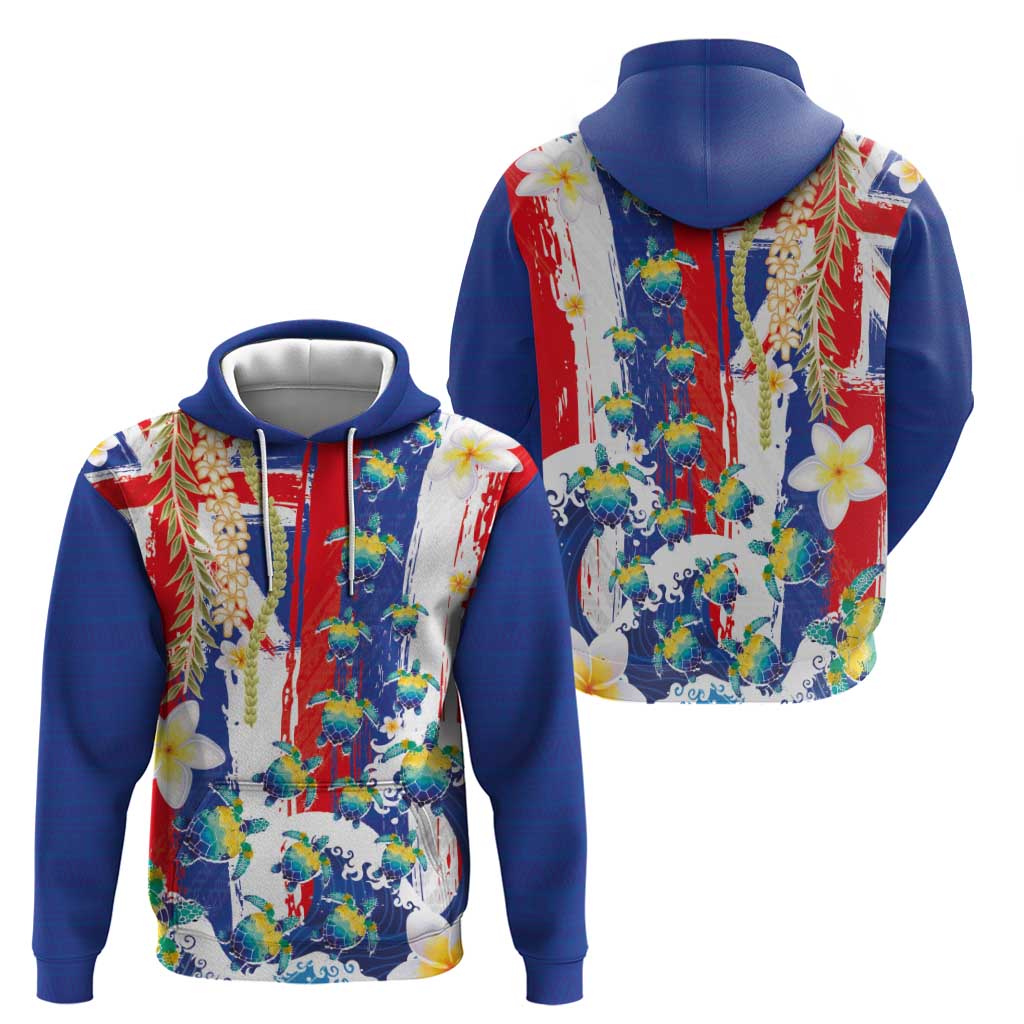 Hawaiian Sea Turtles and Plumeria Zip Hoodie with Lei and Flag Grunge Style
