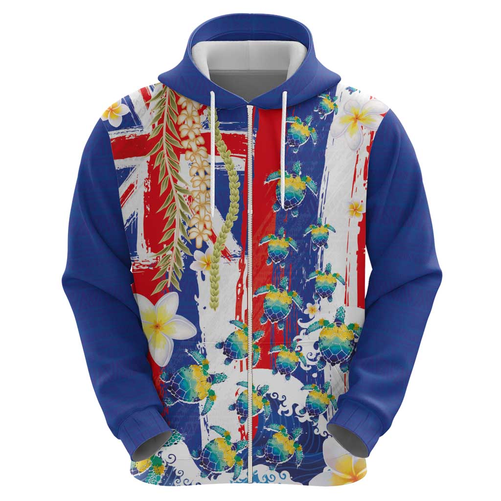 Hawaiian Sea Turtles and Plumeria Zip Hoodie with Lei and Flag Grunge Style
