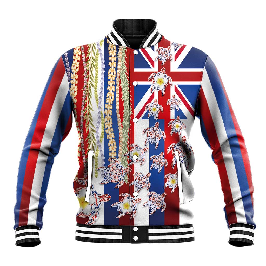 Hawaiian Polynesian Tribal Turtles Baseball Jacket with Lei and Flag Style