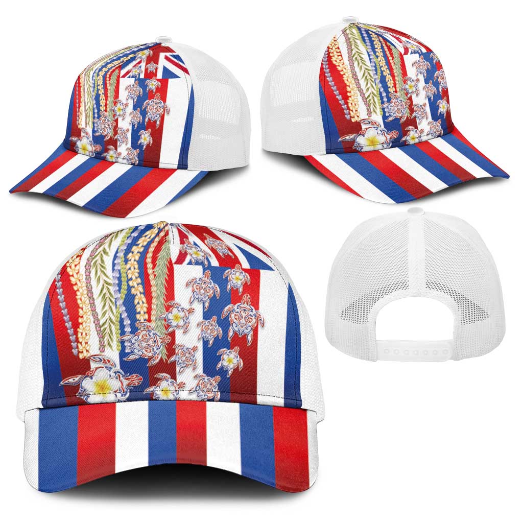 Hawaiian Polynesian Tribal Turtles Baseball Net Cap with Lei and Flag Style