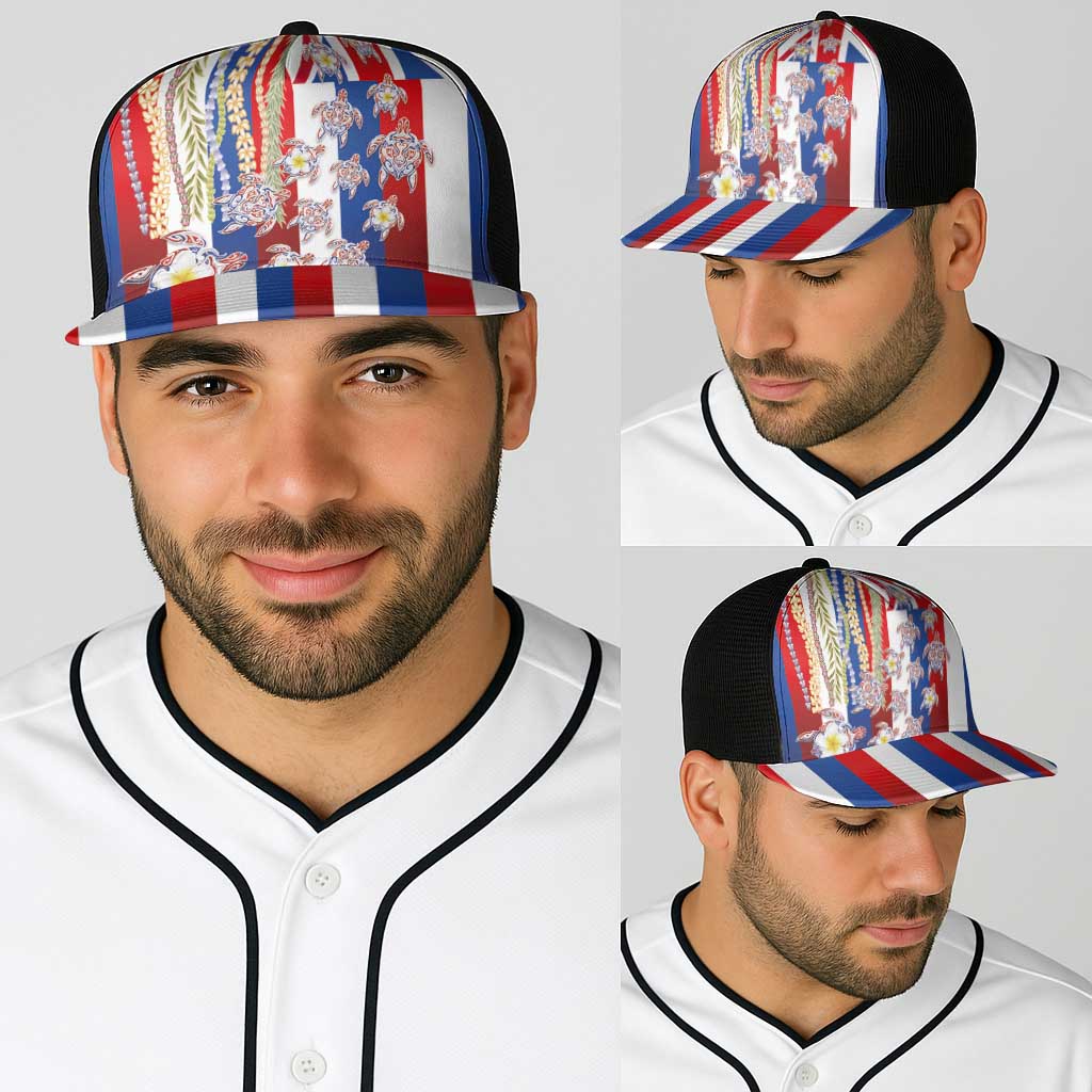 Hawaiian Polynesian Tribal Turtles Baseball Net Cap with Lei and Flag Style