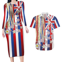 Hawaiian Polynesian Tribal Turtles Couples Matching Long Sleeve Bodycon Dress and Hawaiian Shirt with Lei and Flag Style