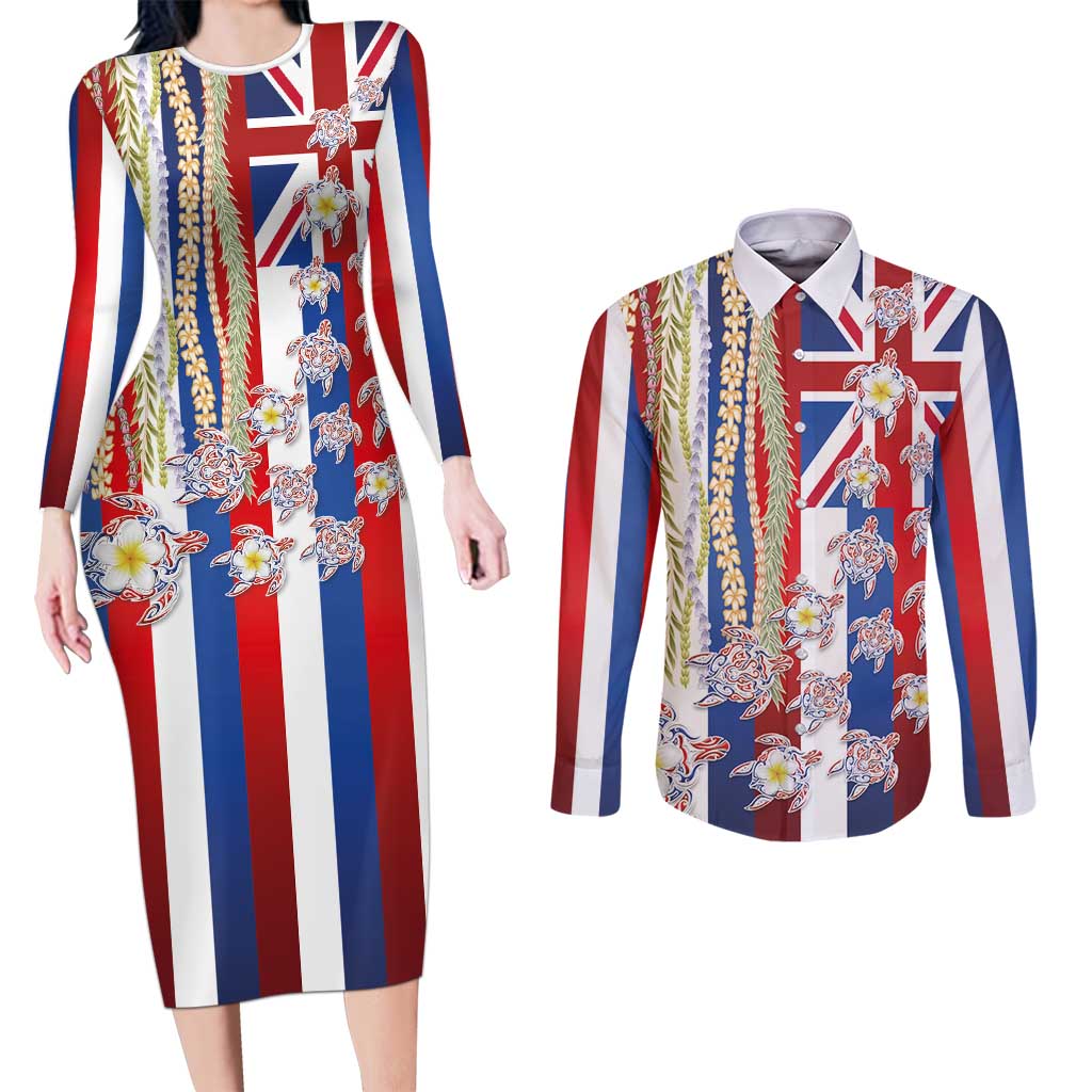 Hawaiian Polynesian Tribal Turtles Couples Matching Long Sleeve Bodycon Dress and Long Sleeve Button Shirt with Lei and Flag Style LT03 Multicolor - Polynesian Pride