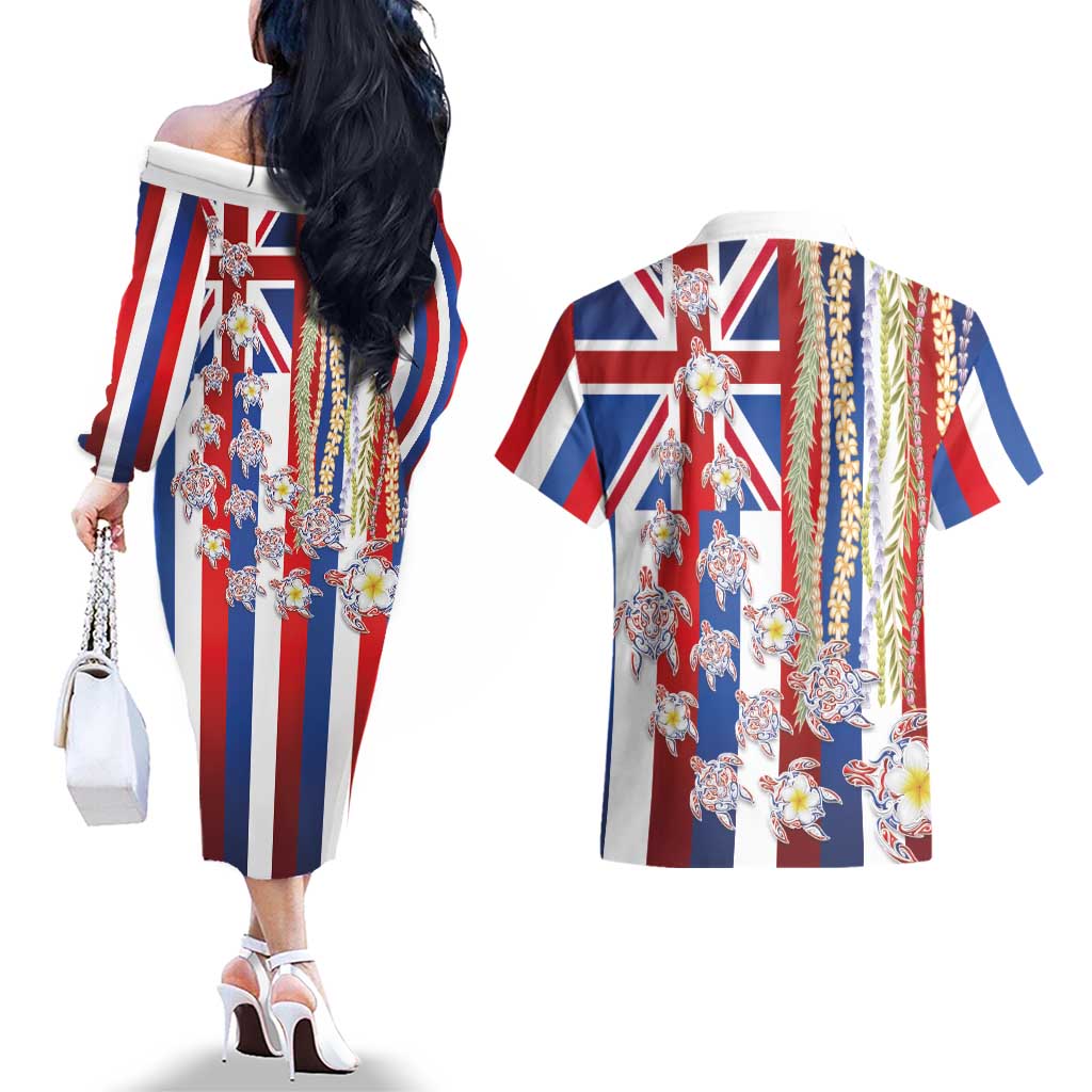 Hawaiian Polynesian Tribal Turtles Couples Matching Off The Shoulder Long Sleeve Dress and Hawaiian Shirt with Lei and Flag Style