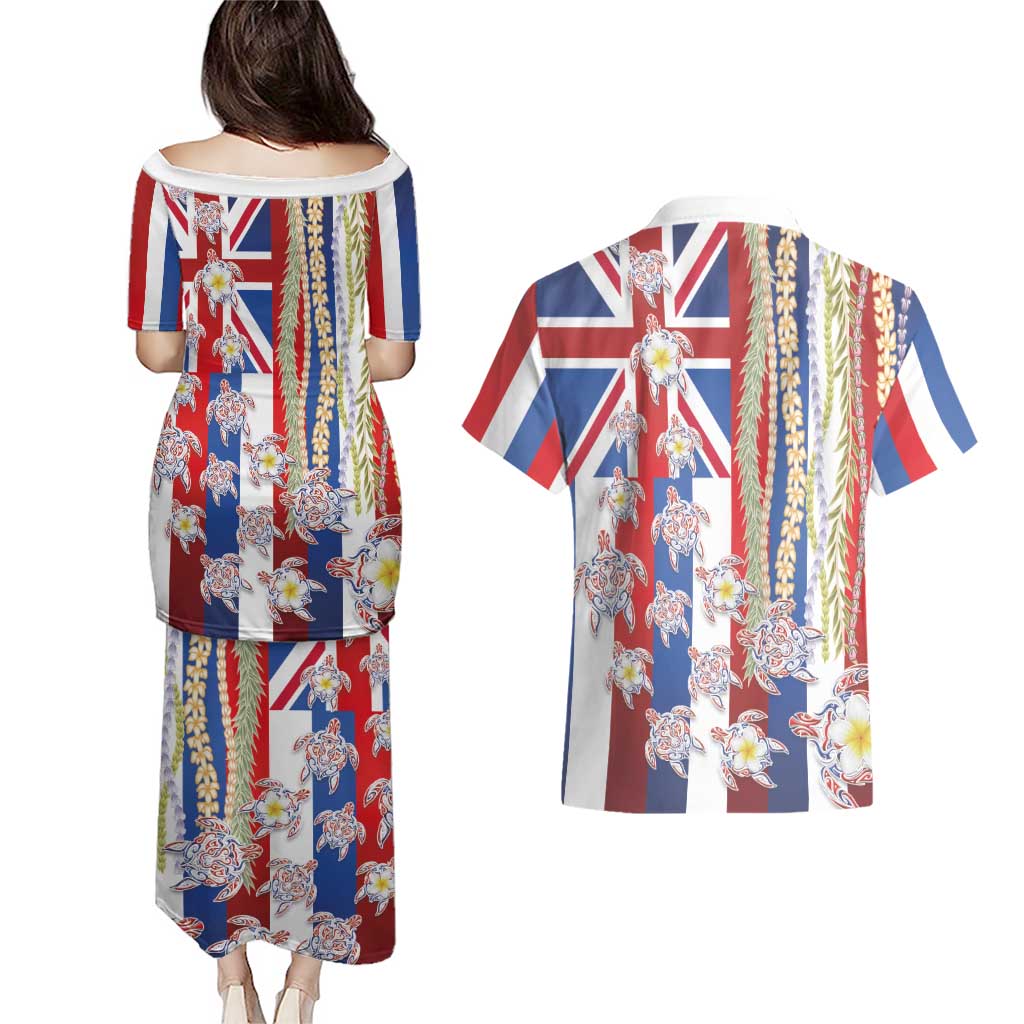 Hawaiian Polynesian Tribal Turtles Couples Matching Puletasi and Hawaiian Shirt with Lei and Flag Style LT03 - Polynesian Pride